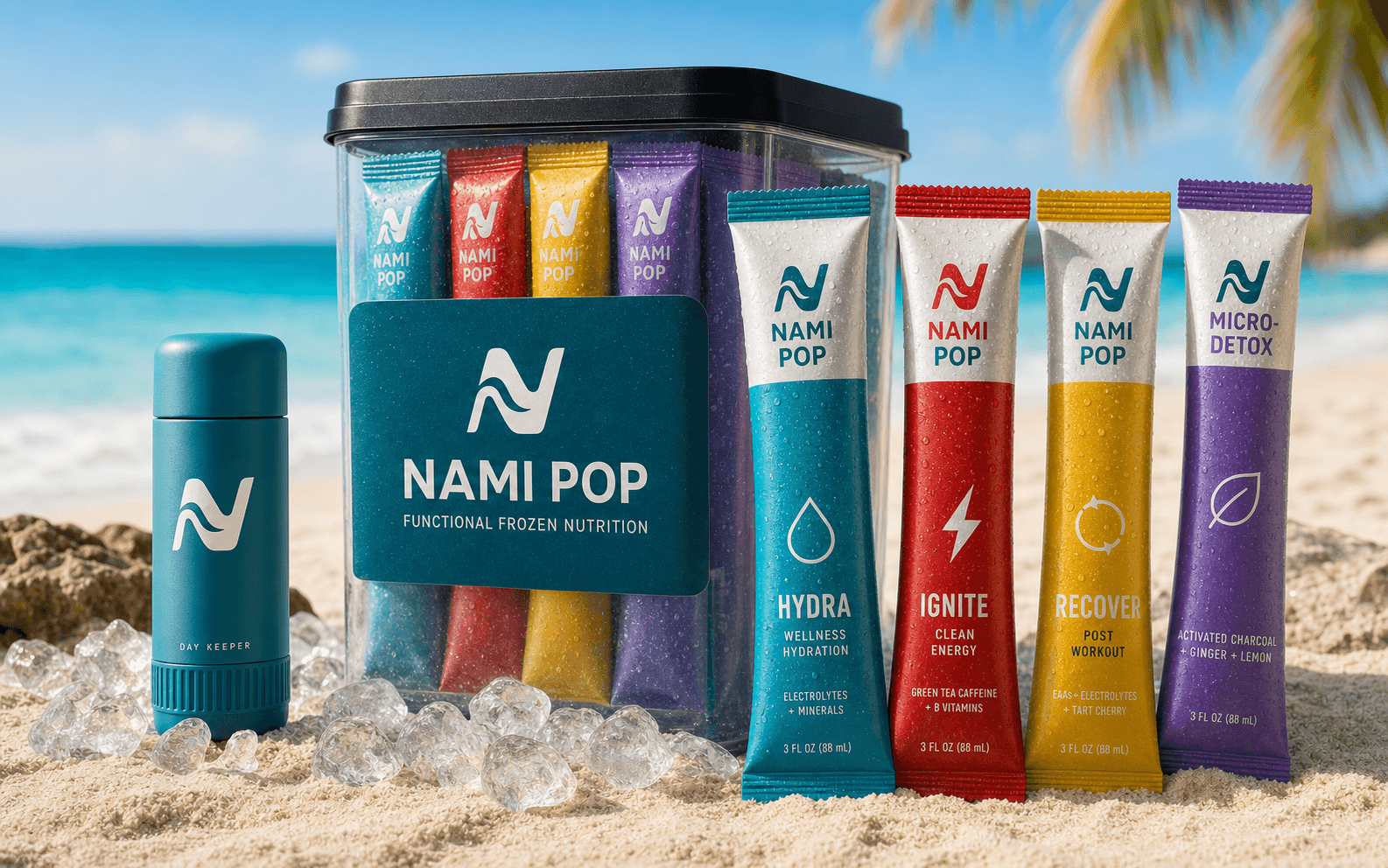 Nami Pop freezer tub, frozen supplement sleeves, and Day Keeper on the beach